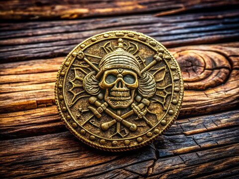 Ancient pirate doubloon showcasing intricate details and weathered texture on a rustic wooden surface
