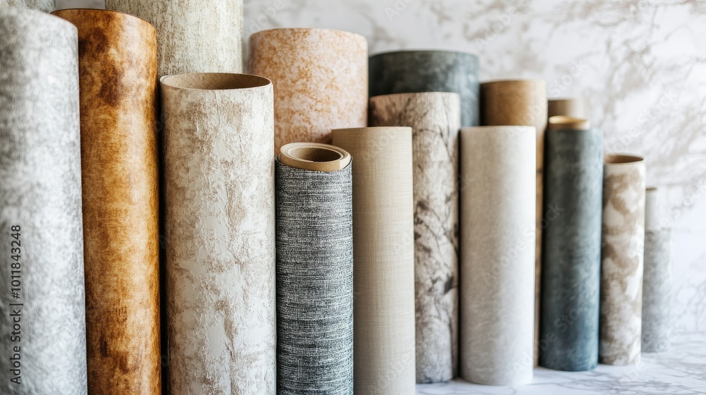 Poster an elegant display of textured wallpaper rolls stacked neatly, showcasing different materials like v