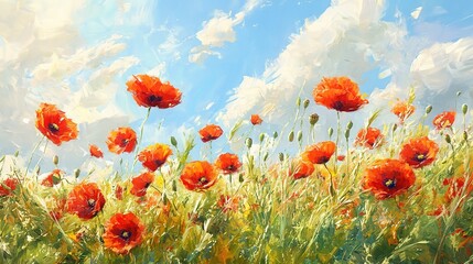 Obraz premium Vibrant Poppy Field Under a Blue Sky