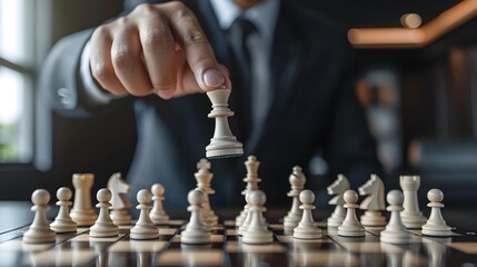 Businessman Strategically Placing Chess Piece for Victory and Accomplishment