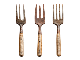 Three vintage kitchen forks with wooden handles, showcasing rustic and traditional cooking tools, isolated on white background PNG transparent.