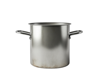 Large stainless steel pot with side handles, ideal for cooking and boiling, isolated on white background PNG transparent.