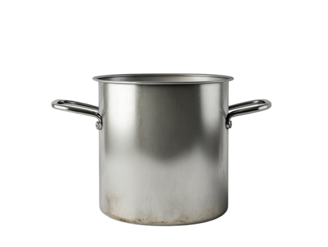 Large stainless steel pot with side handles, ideal for cooking and boiling, isolated on white background PNG transparent.
