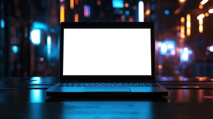 Fototapeta premium A laptop with a blank screen, set against a colorful, illuminated background.