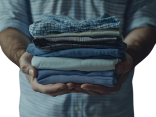 Hands holding a stack of folded clothes in blue and white, representing cleanliness and order, isolated on white background PNG transparent.