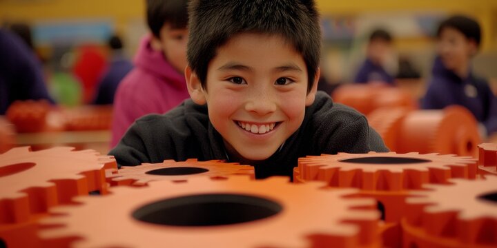 Gear Models for Learning: Create an image of a classroom setting with students using gear models to learn about mechanics and engineering principles.