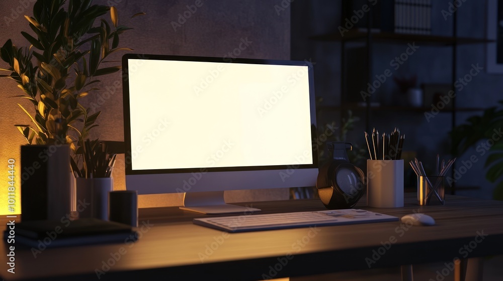 Poster a modern workspace featuring a blank computer screen and organized desk items.