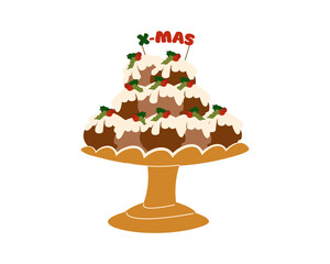 Christmas pudding vector cartoon illustration. Christmas home-baked food, bakery, cakes, cute winter holiday pies with holly berries. Holiday dessert hand drawn card, poster. Traditional festive cakes