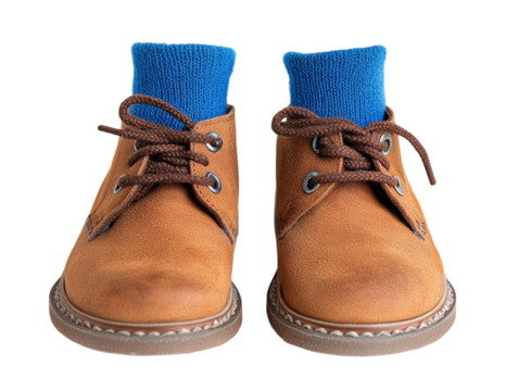 Large brown shoes with visible blue socks sticking out, creating a humorous and quirky visual, isolated on white background PNG transparent.
