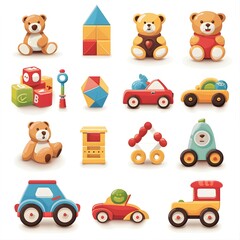 Fototapeta premium Playful Collection of Colorful Children s Toy Icons with Teddy Bears Blocks and Toy Cars Isolated on White Background