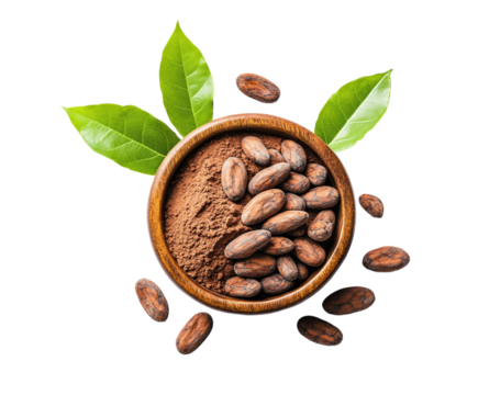 Cacao beans and cocoa powder with green leaves on a white background, fully visible and centered. PNG transparent.