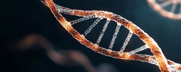 Close-up of a DNA double helix structure, showcasing its intricate design and vibrant colors against a dark background.