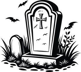 Silhouette illustration of a tombstone, grave with cross design.