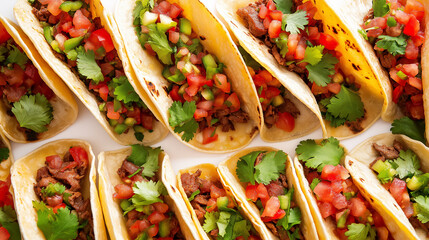 A close-up of fresh tacos filled with beef, tomatoes, onions, cilantro, and peppers.