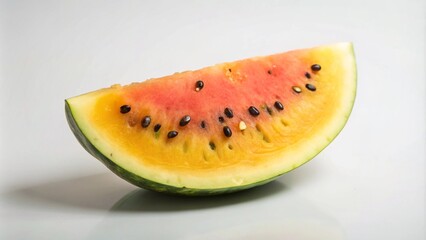 A slice of yellow watermelon with black seeds on a white background.