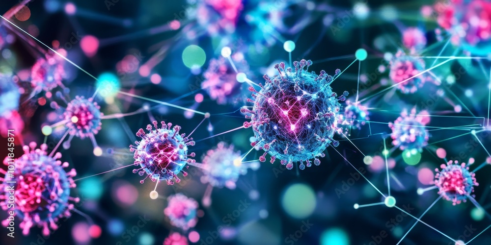 Poster Engineered Tissue Cells: Design an interconnected network of tissue cells, visibly enhanced with biotechnology elements like sensors or smart particles, symbolizing advan