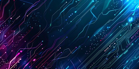 Glowing Neon Circuit Board Design in Cyan Blue and Pink on a Dark Background