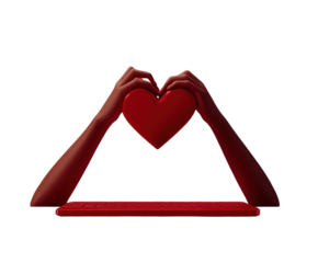 Hands forming a heart shape over a laptop on a red background, fully visible and centered. PNG transparent.