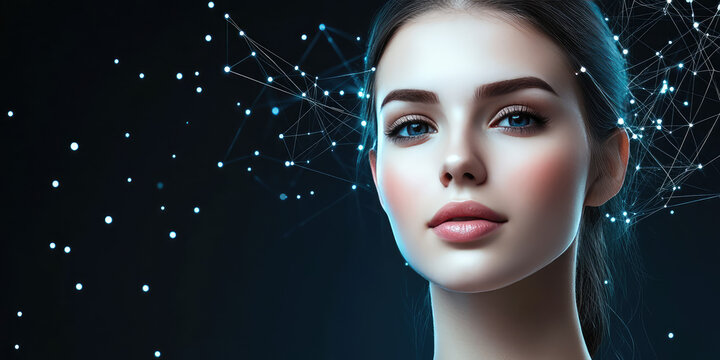Face of a beautiful young woman with 3d network link and data flow background with copy space. Concept of looking in the future, information