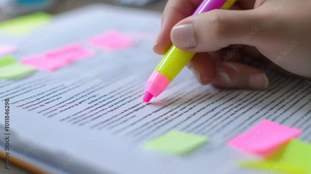 Poster a person using a highlighter to mark text in a book, with colorful sticky notes for organization.