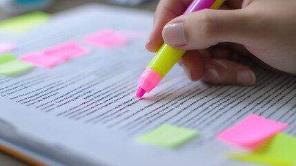 A person using a highlighter to mark text in a book, with colorful sticky notes for organization.