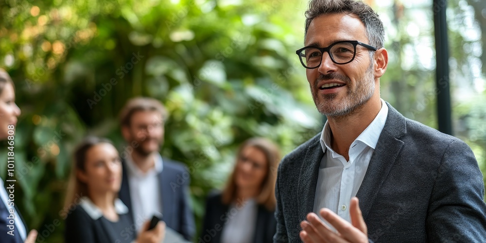 Poster leadership in digital transformation: depict a leader inspiring a team to embrace digital transforma
