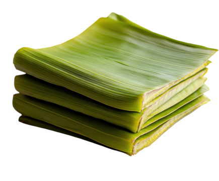 Green banana leaves stacked on a white background, centered and well-lit from the front. PNG transparent.
