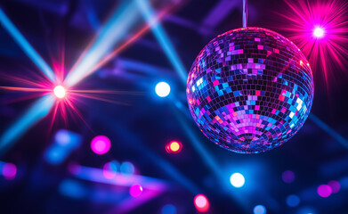 A vibrant disco ball with colorful light streaks radiating out in a dynamic club atmosphere.