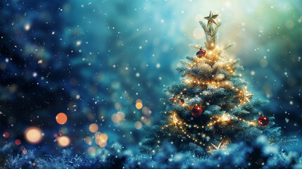 Fototapeta premium Decorated Christmas Tree with Lights, Snowy Night
