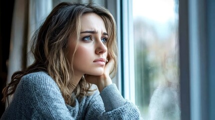 A desperate woman sitting by the window, looking out with hopelessness, reflecting on her mental health struggles and isolation