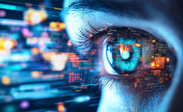 Close-up of an eye reflecting colorful digital lights, symbolizing technology and futuristic vision.