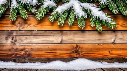 Snowy pine branches above a warm wooden background with a cozy winter vibe and copy space