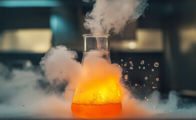 Chemistry flask with bubbling orange liquid emitting smoke in a dramatic, dark background setting.