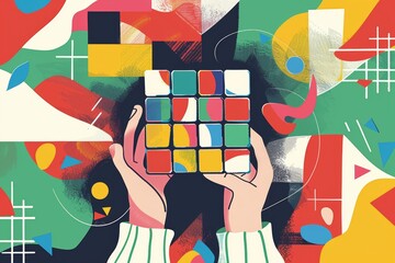Hands solving colorful abstract puzzle cube