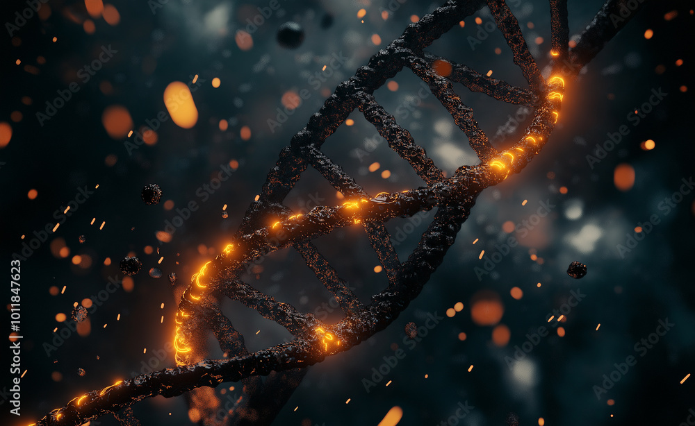 Poster a close-up view of a glowing dna strand with fiery particles and sparks floating around.