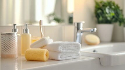 Fototapeta premium Bathroom Essentials on Countertop