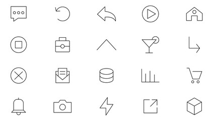 Ui Ux line icon set. User, profile, message, mobile app, document file, social media, button, home, chat, arrow, web, print line icon set. UI thin line icon pack.