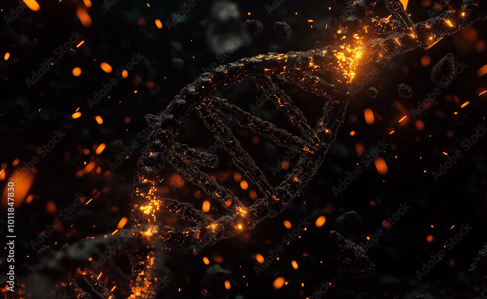 Poster a close-up view of a glowing dna strand with fiery particles and sparks floating around.