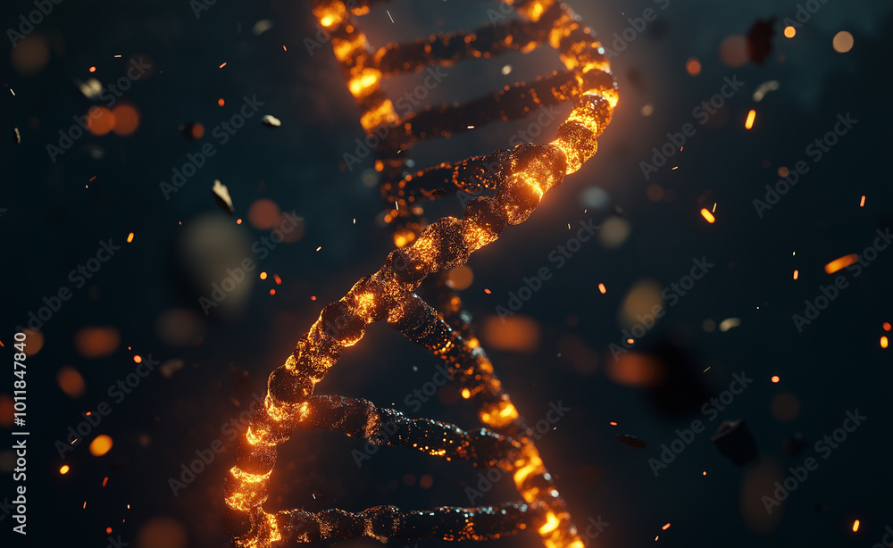 Poster a close-up view of a glowing dna strand with fiery particles and sparks floating around.