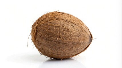 A whole, brown coconut with a hairy husk, isolated on a white background.