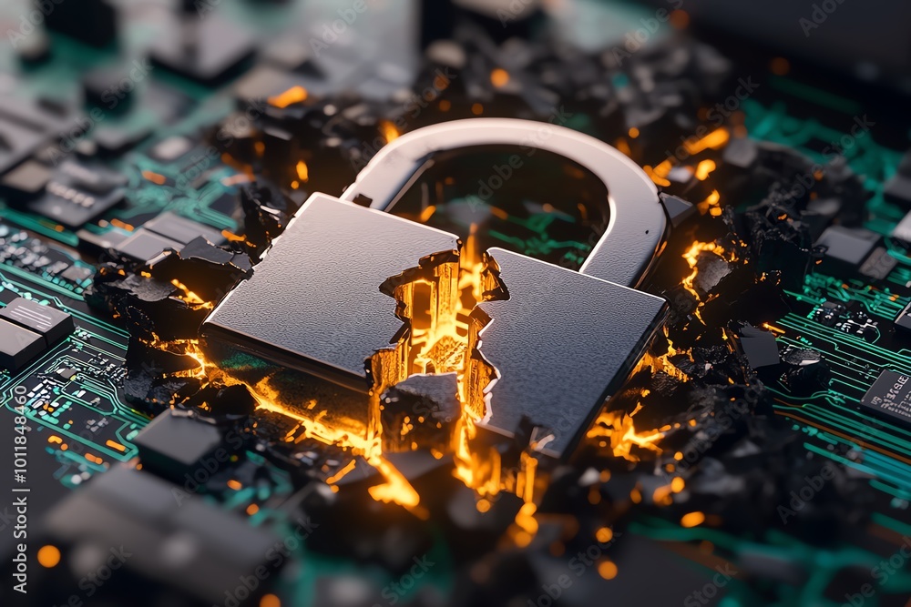 Poster A giant lock symbol on a computer screen cracking apart, representing the failure of security measures during a major data breach