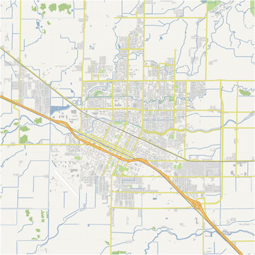Map of Merced in California in a normal road map style. Contains layered vector with roads water, parks, etc.