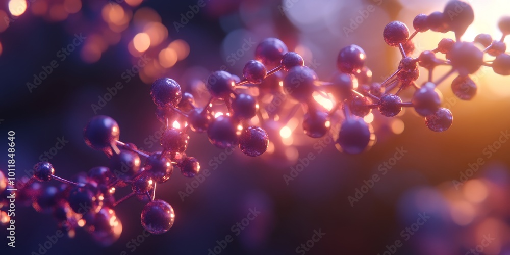 Poster Molecular Connection Web: Design a molecular-level network, where atoms and molecules are interconnected by glowing bonds or fine lines, representing biotech advancements