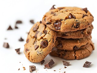 Mouthwatering Gourmet Chocolate Chip Cookies Stacked on White Background