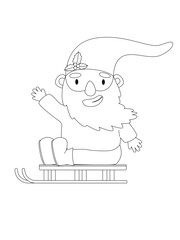 Cute cartoon gnome on the sled outlines in cartoon style. Kids coloring book illustrations.