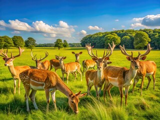 Naklejka premium A Serene Flock of Deer Grazing Gracefully in a Lush Green Meadow Under a Clear Blue Sky