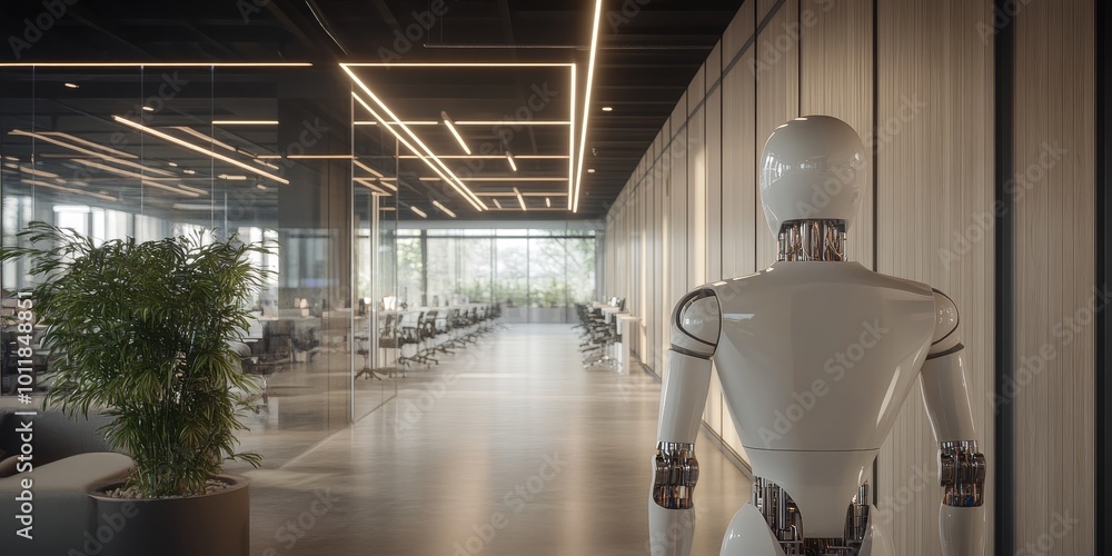 Fototapete Impact of Automation on Workforce: Depict a mixed work environment where humans and robots collaborate on tasks, emphasizing the changing nature of work due to automation