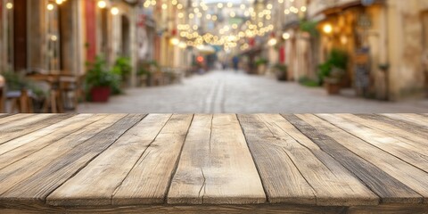 Empty Cafe Table: Create an image of an empty wooden table at a cozy cafe, with a view of the street outside, capturing the essence of city life and casual dining.