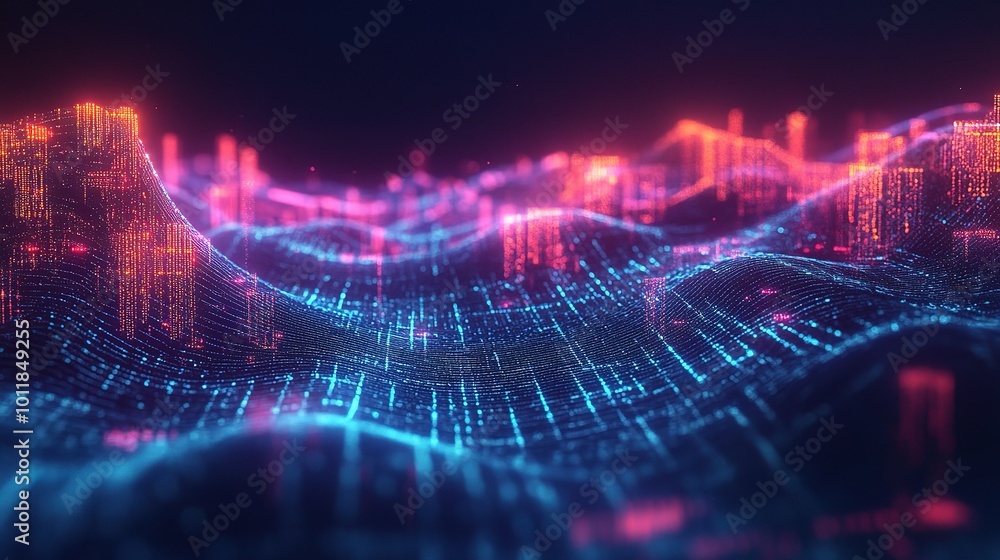 Poster digital landscape with bright data points and waves