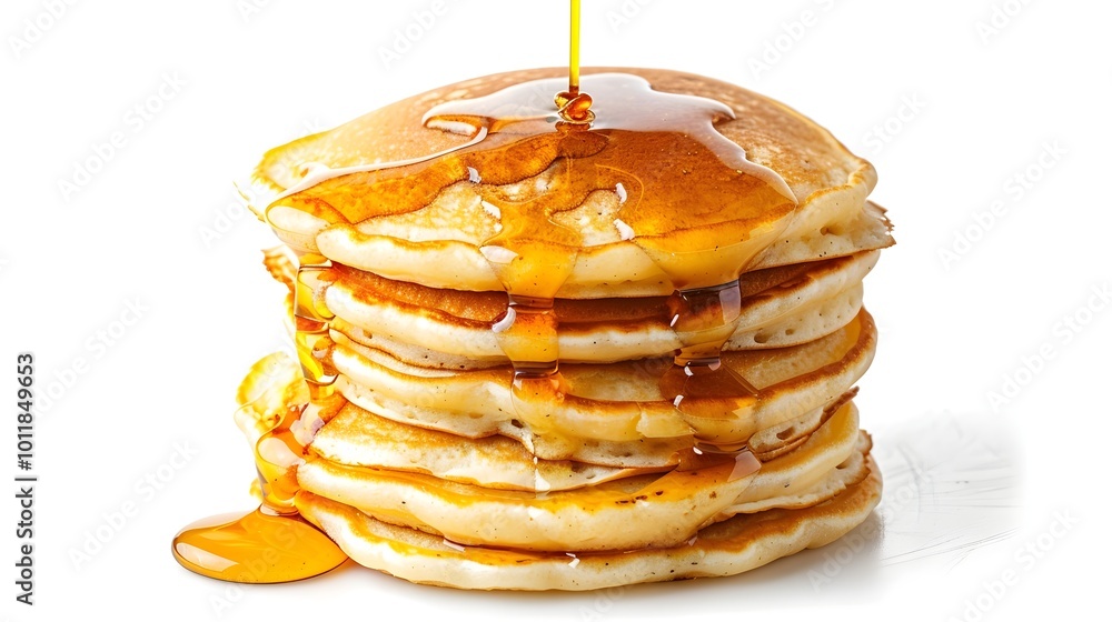 Poster fluffy stack of pancakes with cascading syrup on white background